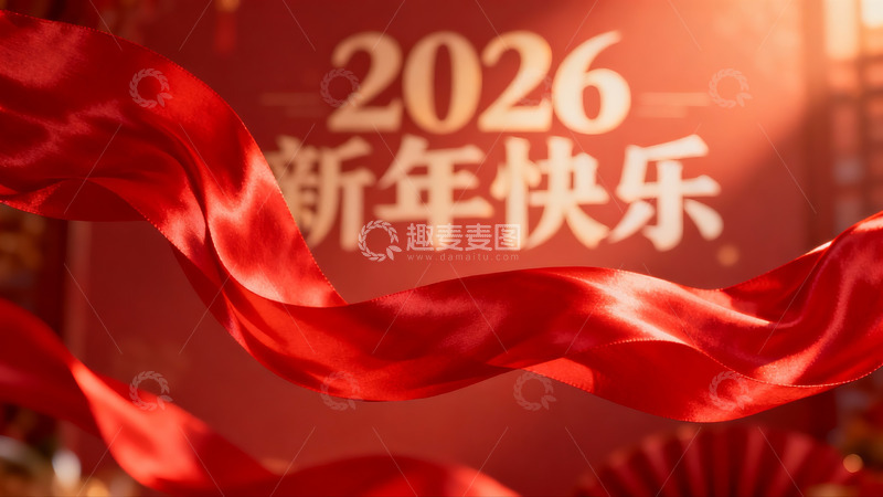 高清大图下载【趣麦麦图】红色绸带飘扬新年快乐背景