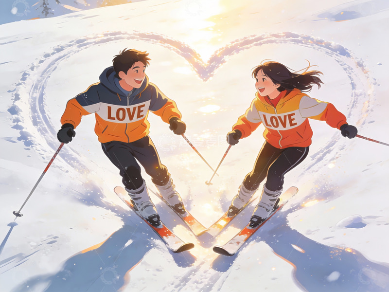 高清大图下载【趣麦麦图】滑雪情侣雪地爱心图案