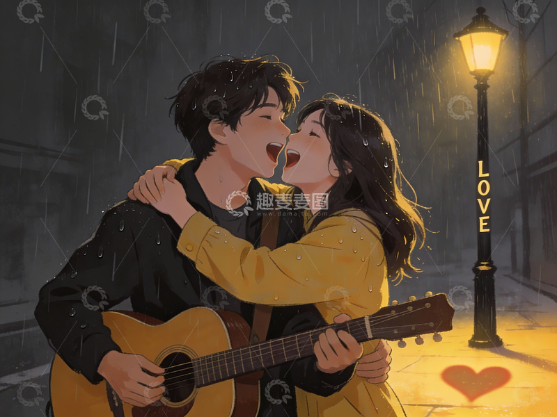 高清大图下载【趣麦麦图】雨夜吉他情侣拥吻