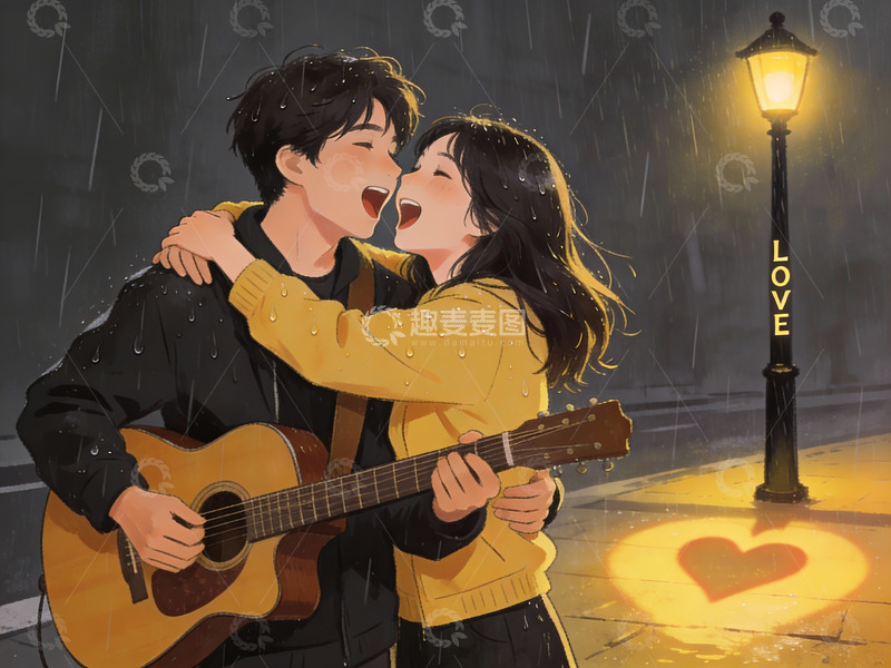高清大图下载【趣麦麦图】雨夜吉他情侣相拥