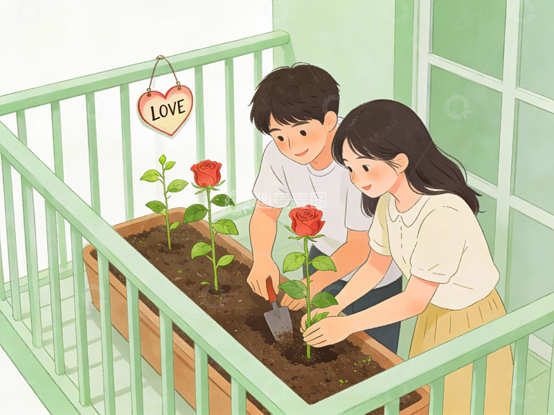 高清大图下载【趣麦麦图】情侣在阳台种玫瑰