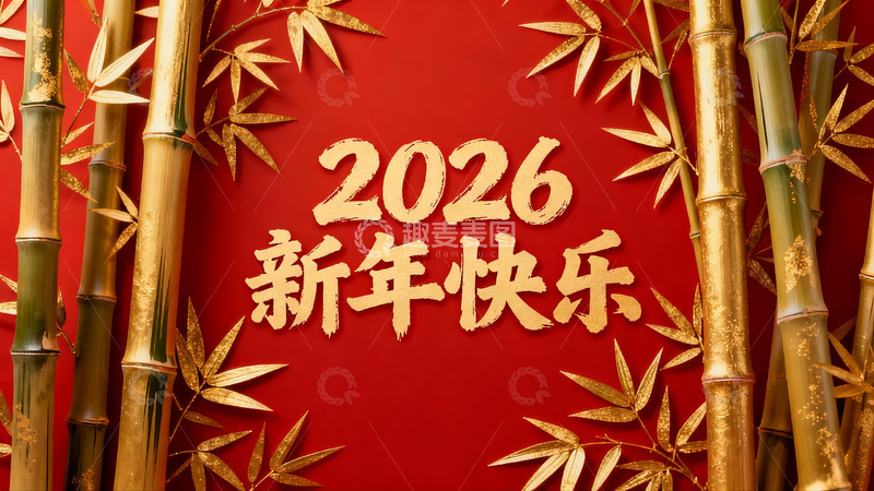 高清大图下载【趣麦麦图】红色背景金色竹子新年祝福