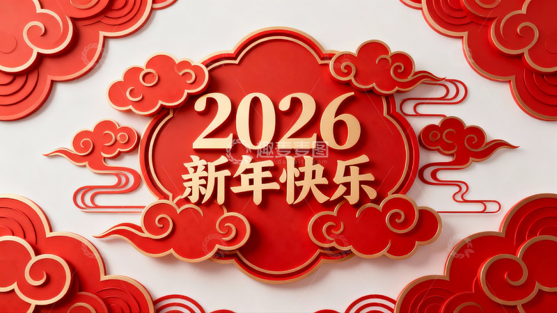 高清大图下载【趣麦麦图】2026新年快乐红色云纹装饰