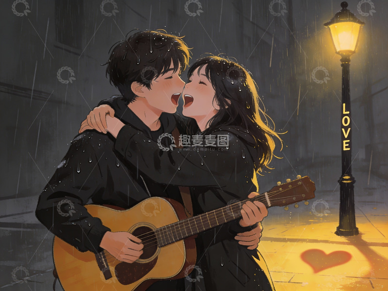 高清大图下载【趣麦麦图】雨夜街头吉他情侣拥吻