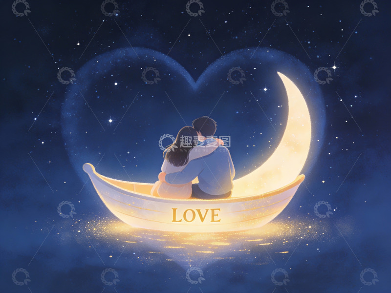 高清大图下载【趣麦麦图】情侣月下共坐弯月船