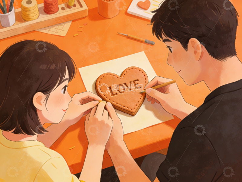 高清大图下载【趣麦麦图】情侣共同制作爱心饼干