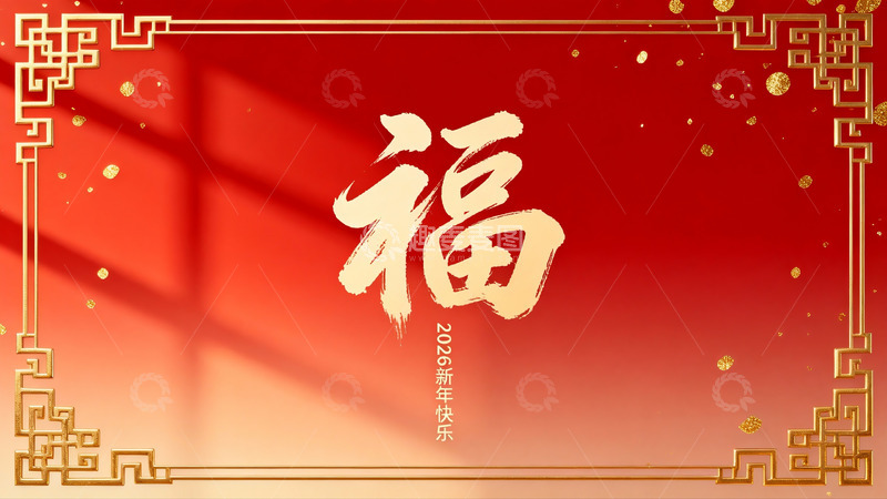 高清大图下载【趣麦麦图】红色背景金色边框新年祝福图