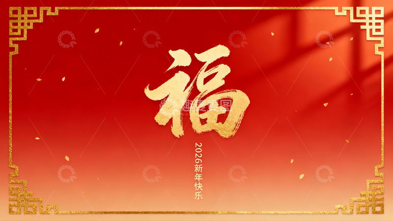 高清大图下载【趣麦麦图】红色背景金色福字新年祝福图