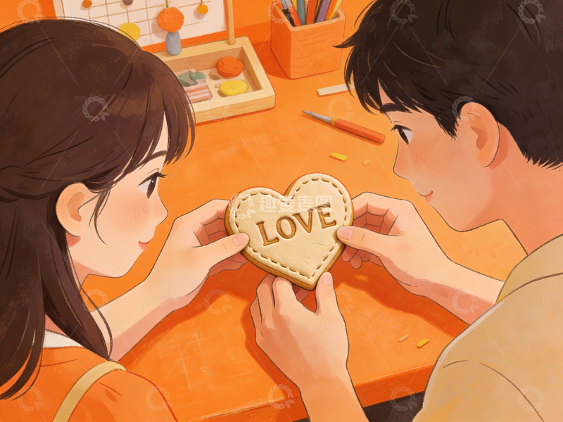 高清大图下载【趣麦麦图】情侣共同制作爱心饼干