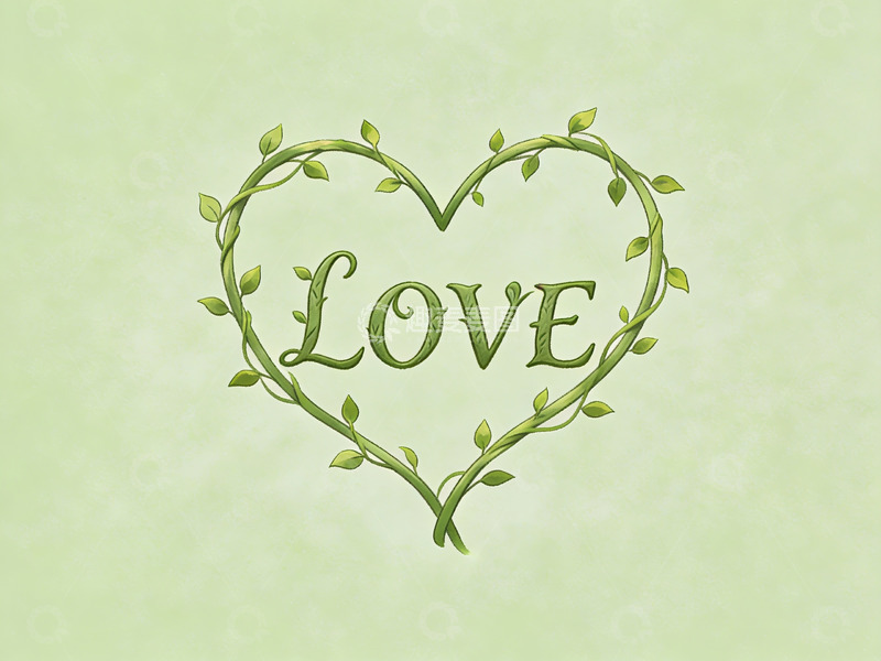 高清大图下载【趣麦麦图】绿叶心形图案中的爱字