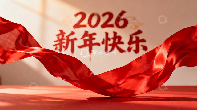 新年快乐红色绸带飘扬
