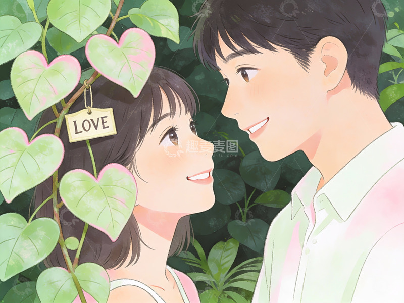 高清大图下载【趣麦麦图】情侣在绿植前微笑对视