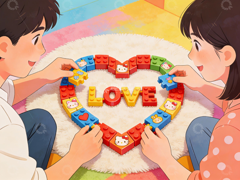 高清大图下载【趣麦麦图】两人用积木拼爱心