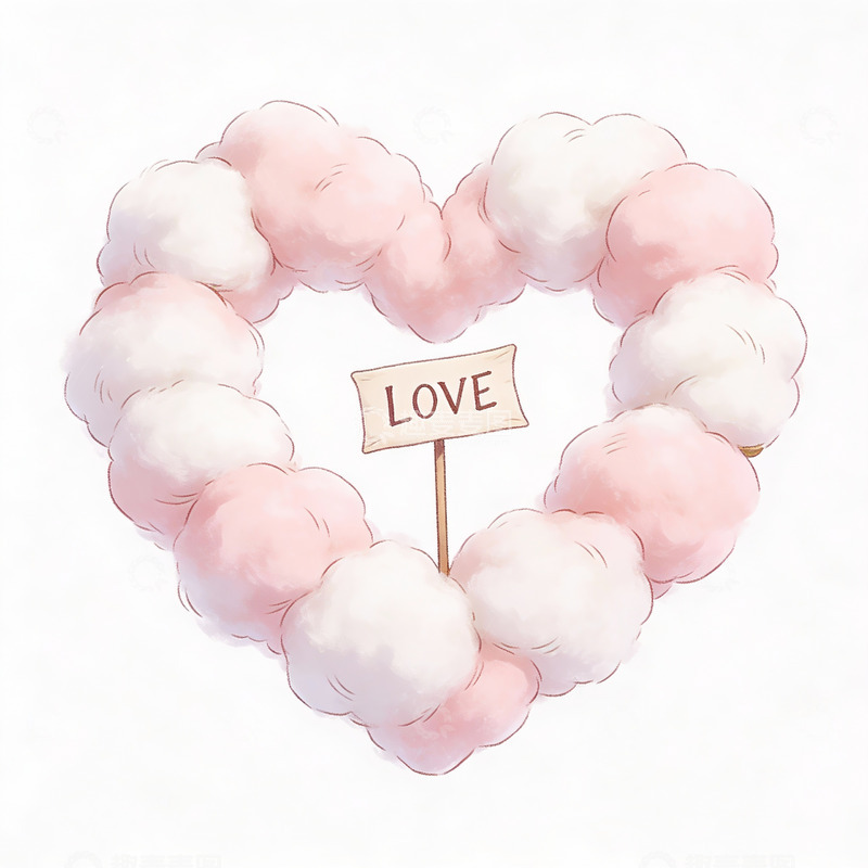 高清大图下载【趣麦麦图】棉花心形装饰与爱字标牌