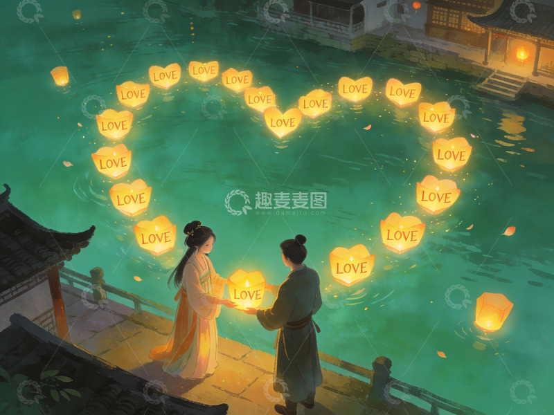 高清大图下载【趣麦麦图】情侣在水边放河灯