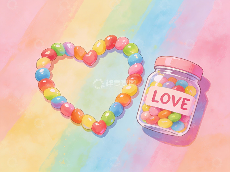 高清大图下载【趣麦麦图】彩色糖果组成的心形与罐子