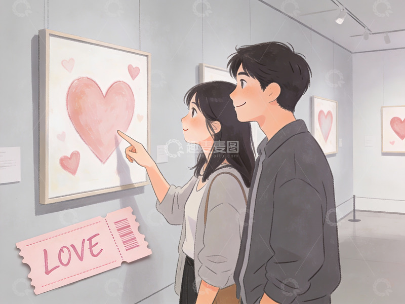 高清大图下载【趣麦麦图】情侣在美术馆观赏爱心画作