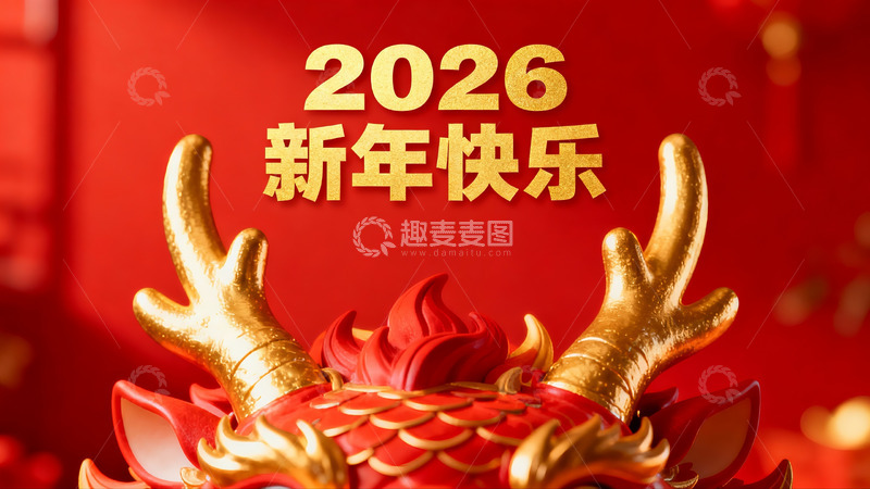 高清大图下载【趣麦麦图】红色龙形装饰新年祝福