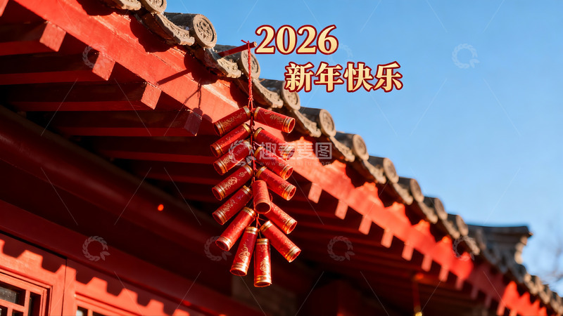 高清大图下载【趣麦麦图】新年红鞭炮挂屋檐