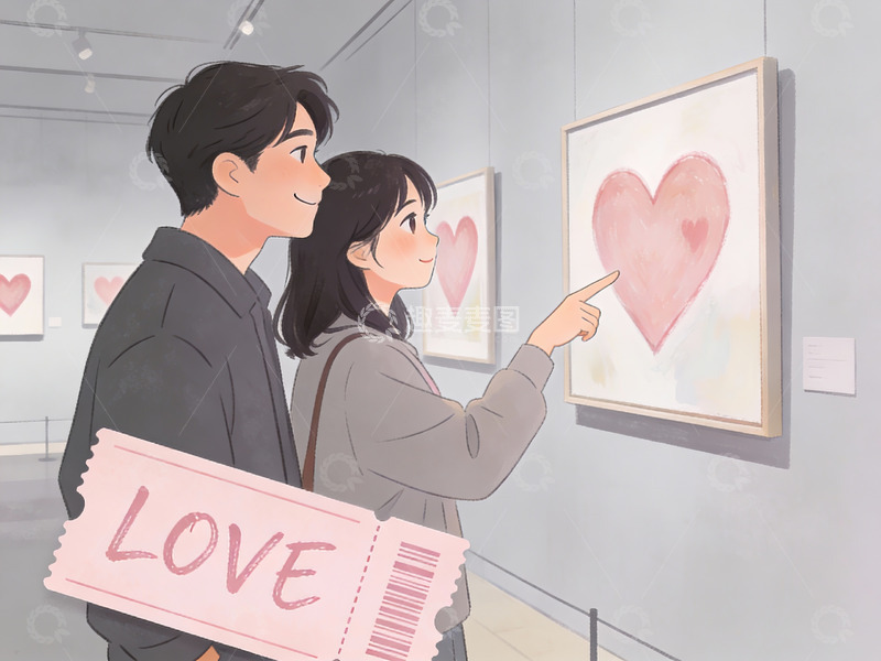高清大图下载【趣麦麦图】情侣在美术馆欣赏心形画作