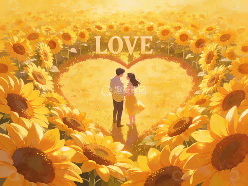 高清大图下载【趣麦麦图】情侣在向日葵花田中相拥