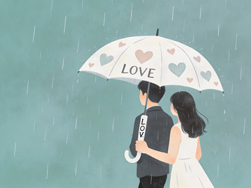 雨中情侣共撑爱心伞