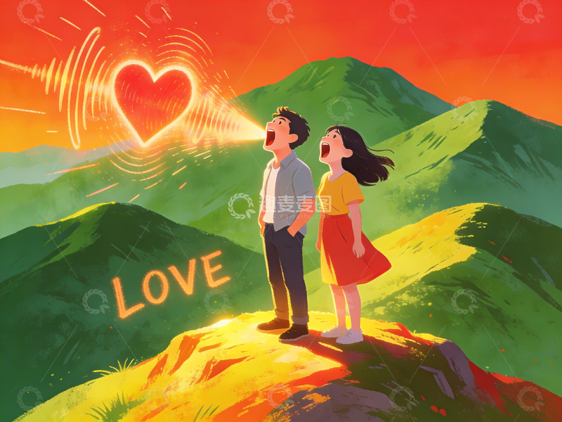 高清大图下载【趣麦麦图】情侣山顶仰望爱心光芒