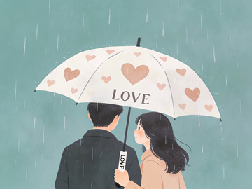 雨中情侣共撑爱心伞