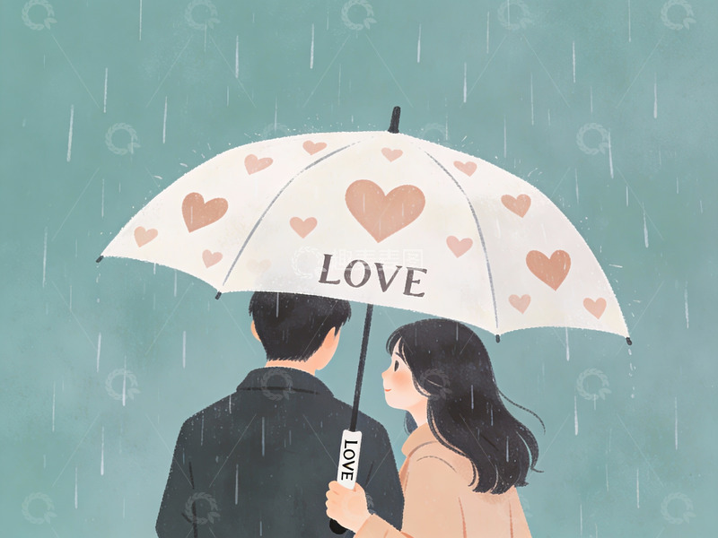 高清大图下载【趣麦麦图】雨中情侣共撑爱心伞