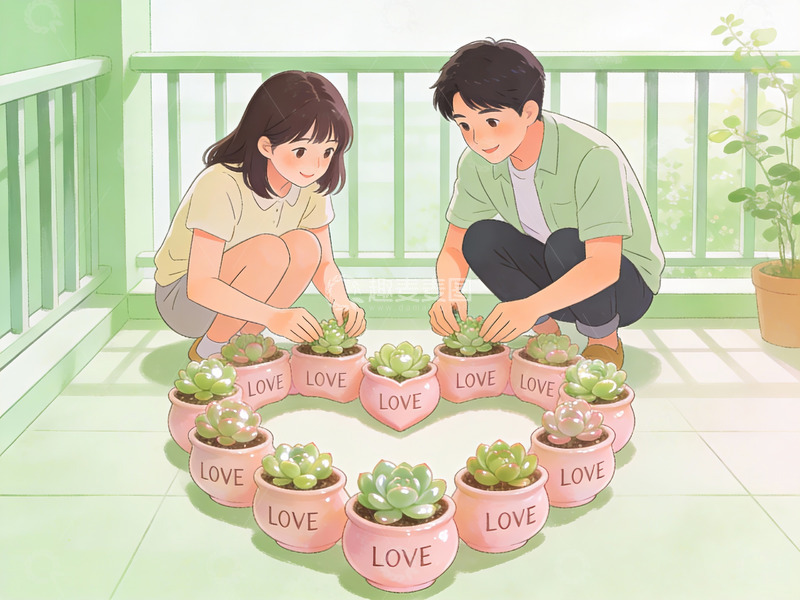 高清大图下载【趣麦麦图】情侣阳台种多肉植物