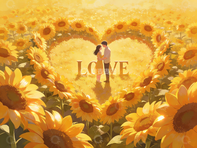 高清大图下载【趣麦麦图】向日葵花田中的情侣