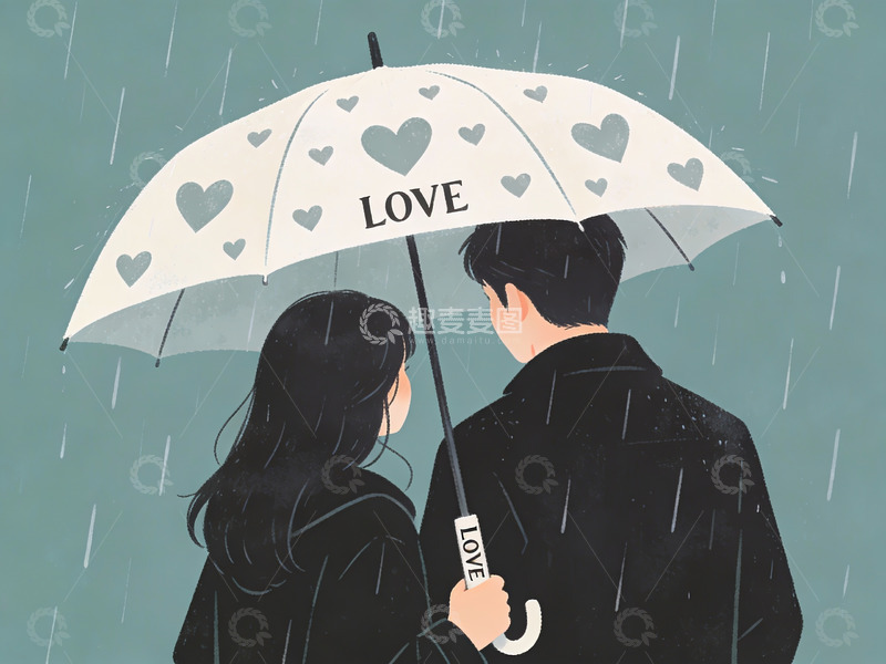 高清大图下载【趣麦麦图】雨中情侣共撑爱心伞