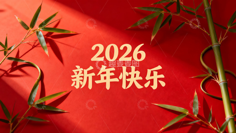 高清大图下载【趣麦麦图】红色背景竹叶新年祝福