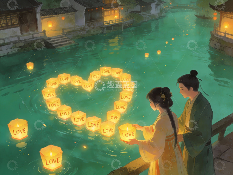 高清大图下载【趣麦麦图】情侣放河灯许愿