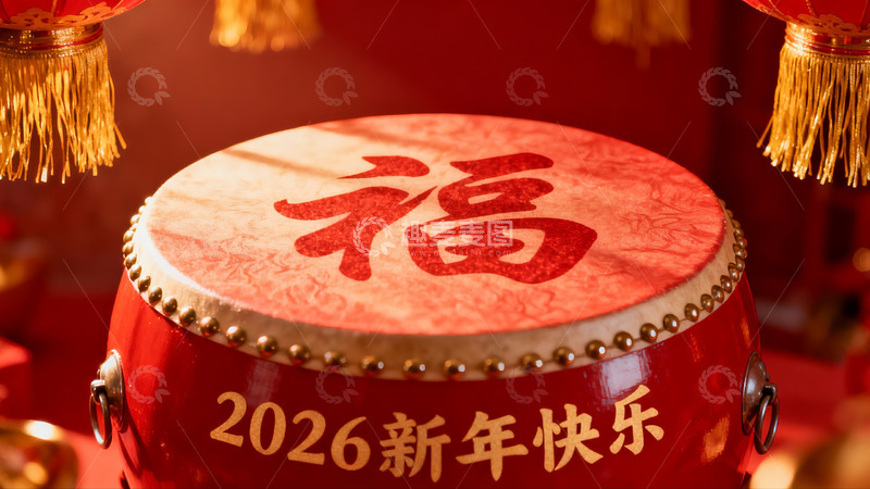 高清大图下载【趣麦麦图】新年红鼓福字灯笼喜庆