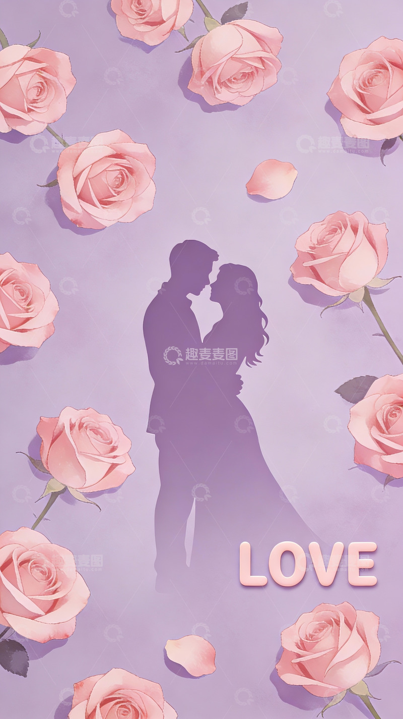 高清大图下载【趣麦麦图】情侣剪影与玫瑰花背景