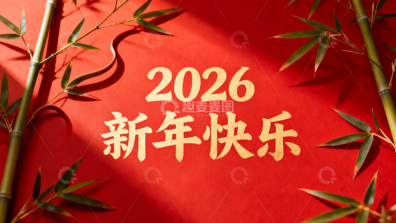 高清大图下载【趣麦麦图】红色背景竹枝新年祝福