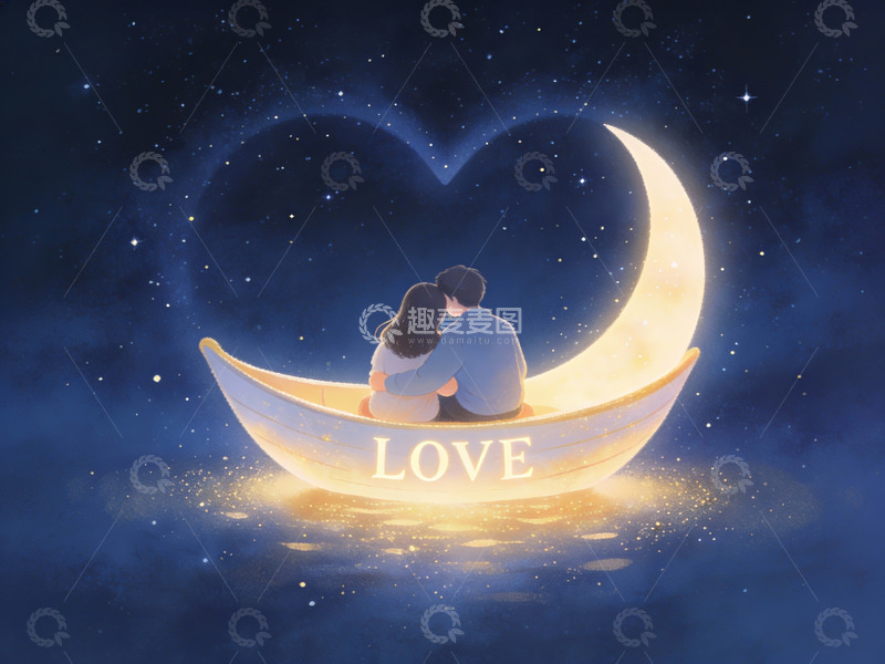 高清大图下载【趣麦麦图】情侣月下共乘弯月舟
