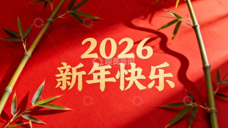 高清大图下载【趣麦麦图】红色背景竹枝新年祝福