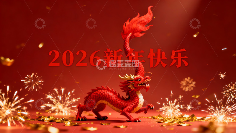 高清大图下载【趣麦麦图】红色龙年烟花新年祝福图