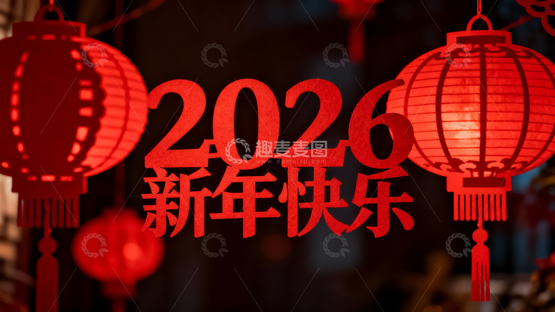高清大图下载【趣麦麦图】红灯笼映衬新年快乐字样