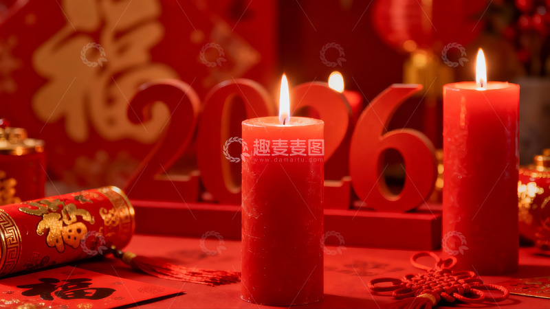 高清大图下载【趣麦麦图】新年烛光映衬2026数字装饰