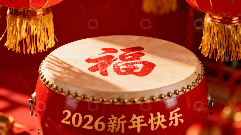 高清大图下载【趣麦麦图】新年红鼓挂灯笼喜庆氛围