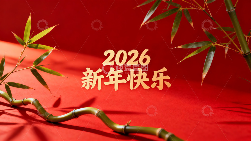 高清大图下载【趣麦麦图】红色背景竹枝新年祝福