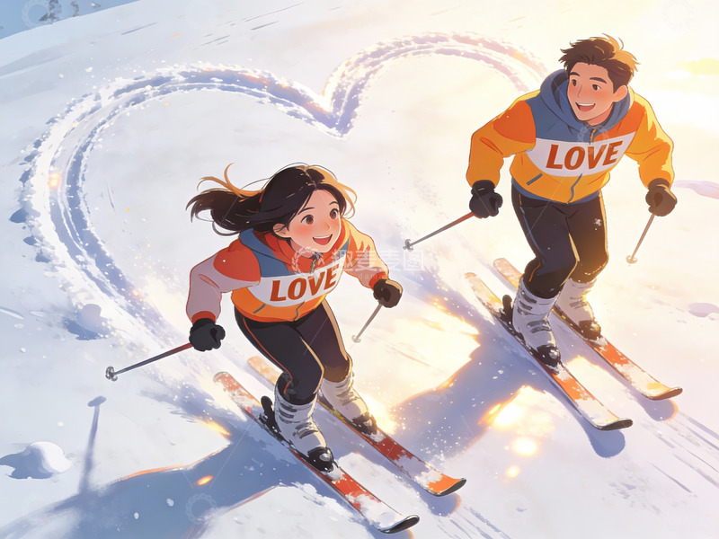 高清大图下载【趣麦麦图】滑雪情侣雪地爱心轨迹