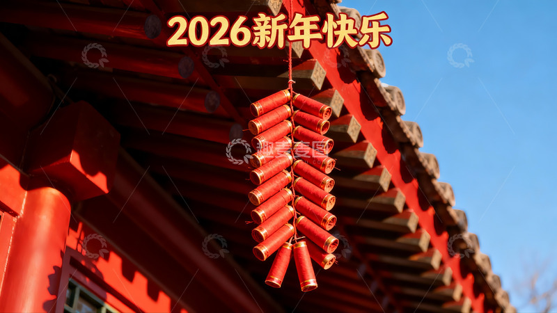 高清大图下载【趣麦麦图】新年红鞭炮挂屋檐