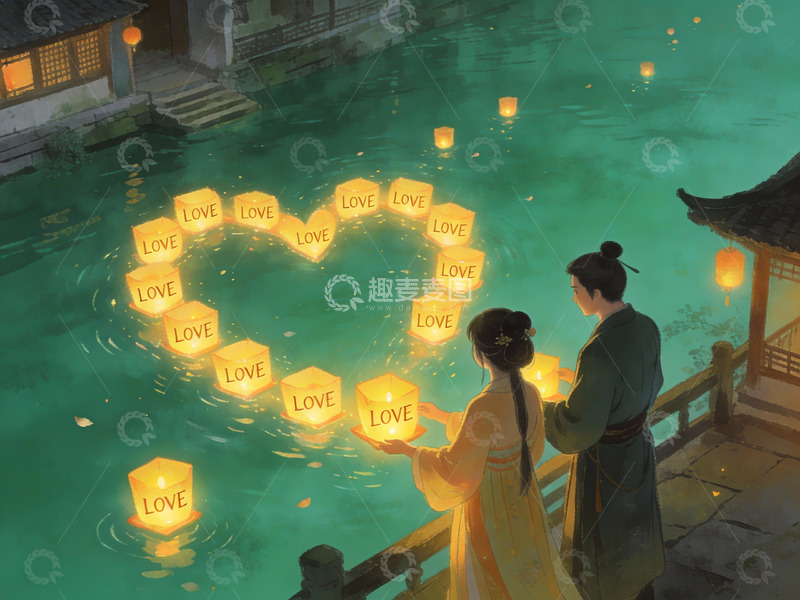 高清大图下载【趣麦麦图】情侣放河灯许愿场景