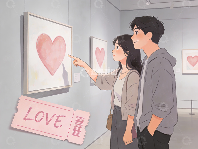 高清大图下载【趣麦麦图】情侣在美术馆观赏爱心画作