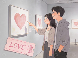 情侣在美术馆观赏爱心画作