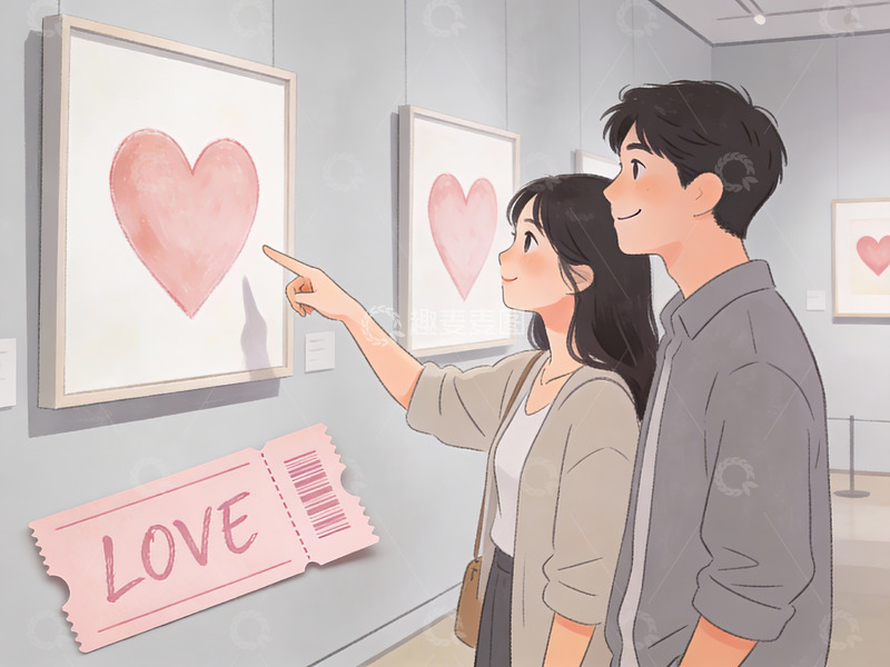 高清大图下载【趣麦麦图】情侣在美术馆欣赏爱心画作